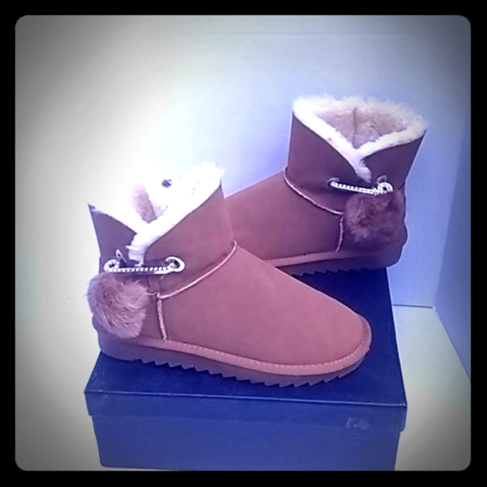 Chestnut Pom-Pom Faux Shearling Lined Booties